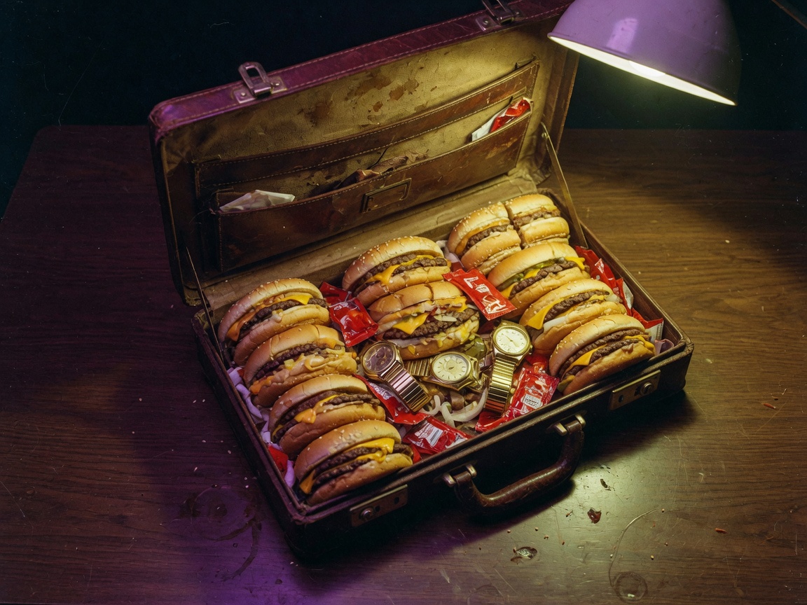 A worn briefcase packed with cheeseburgers, gold watches, and ketchup packets