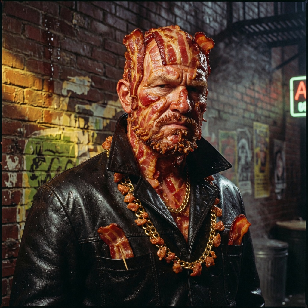 Capo Crispy, a tough guy whose face is made of bacon