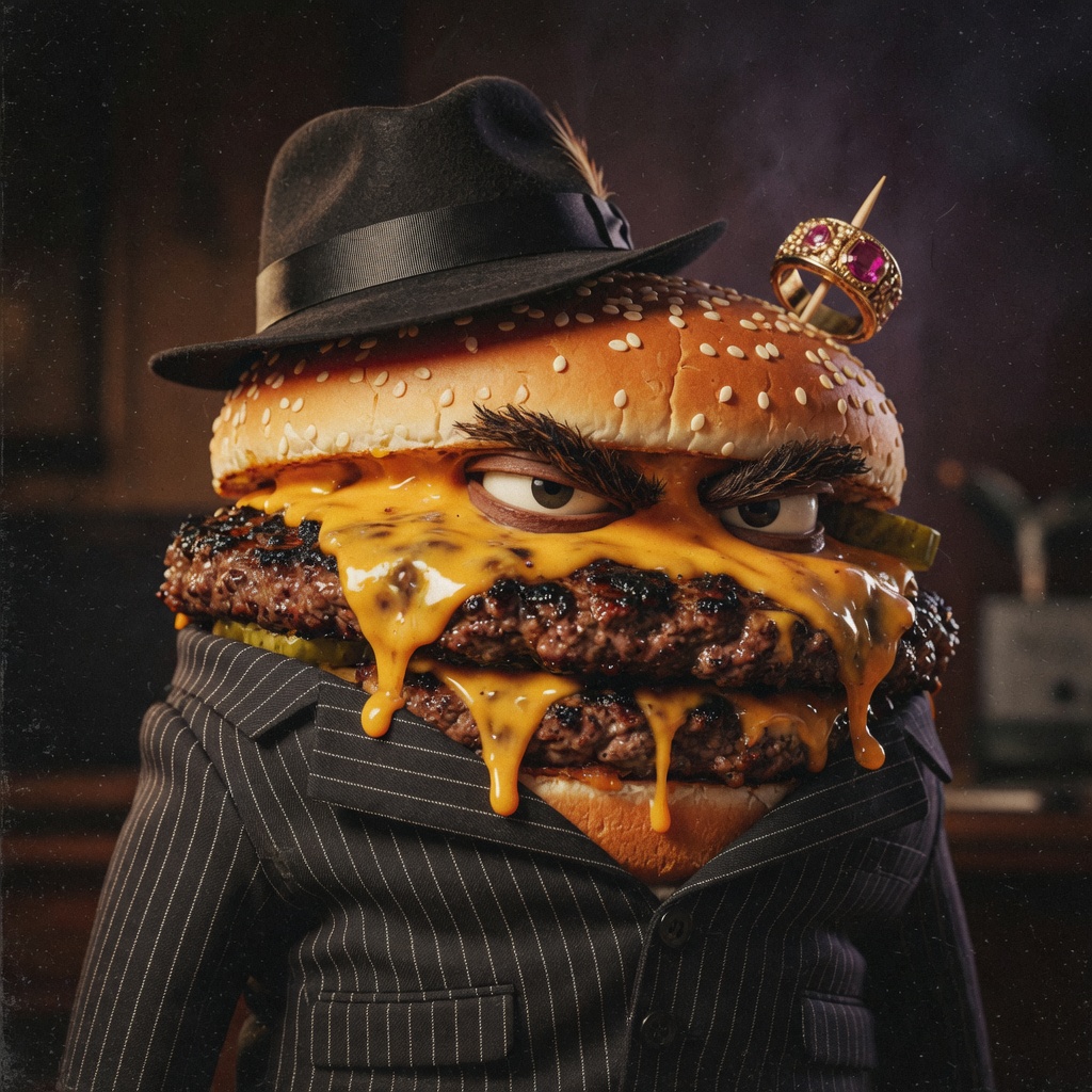 Don Patty, a smash burger in a fedora and pinstripe jacket