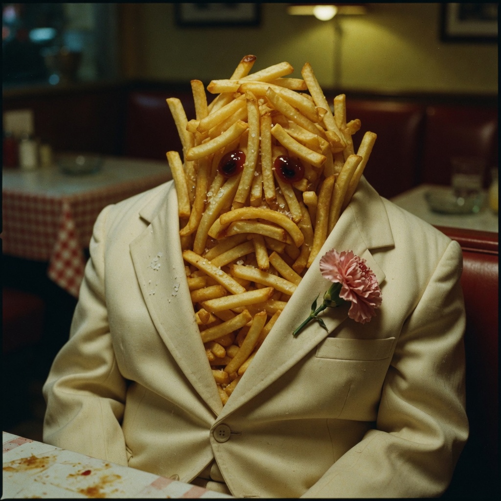 Fredo Fries, a nervous pile of french fries in a cream suit