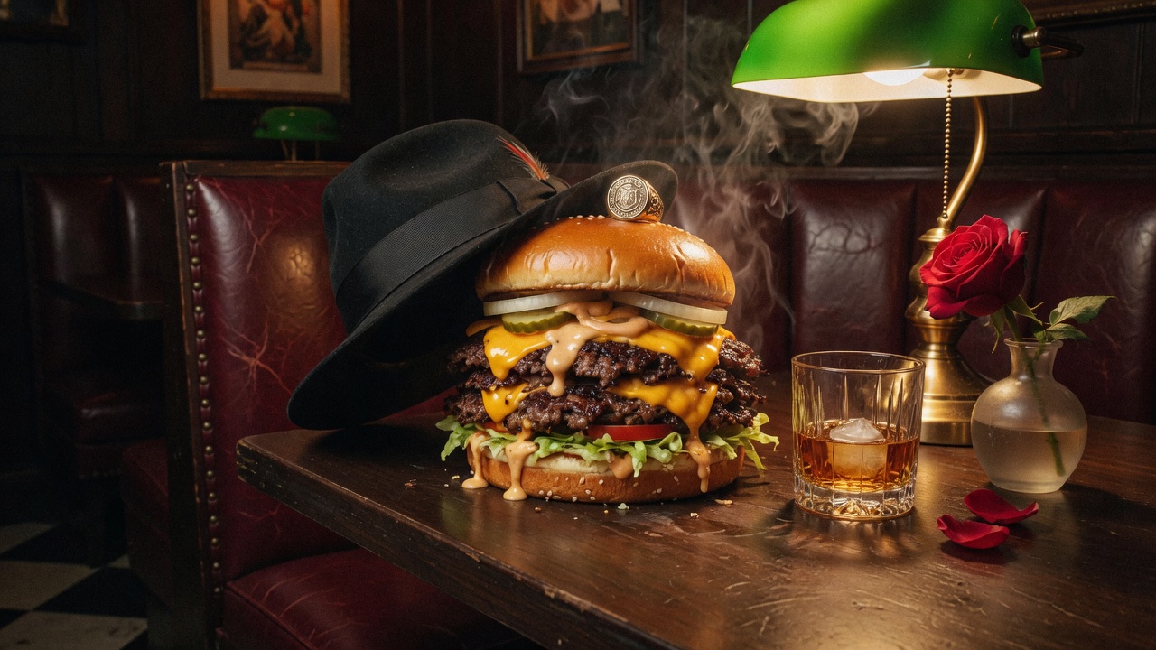 A double smash burger in a fedora, whiskey and a rose on a dark restaurant table