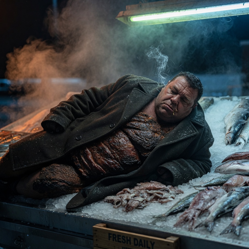 Luca Brisket sleeping on ice at a fish market in a heavy overcoat
