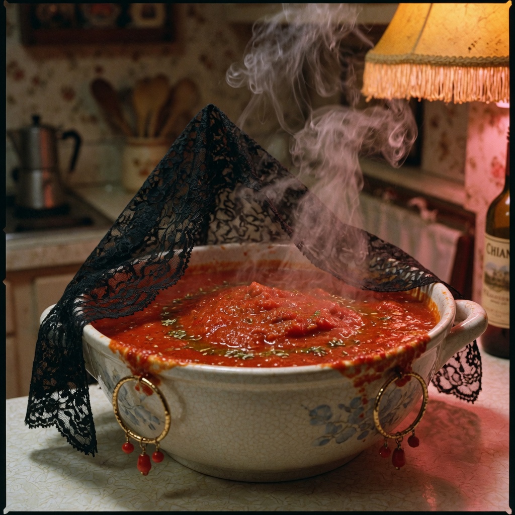 Mama Marinara, a bowl of sauce wearing a black lace veil and gold earrings