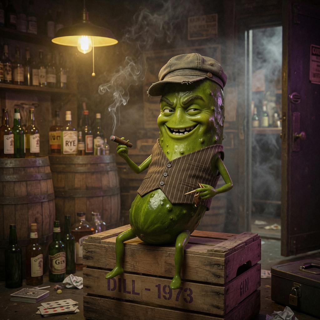 The Pickle Kid, a grinning pickle in a newsboy cap smoking a cigar