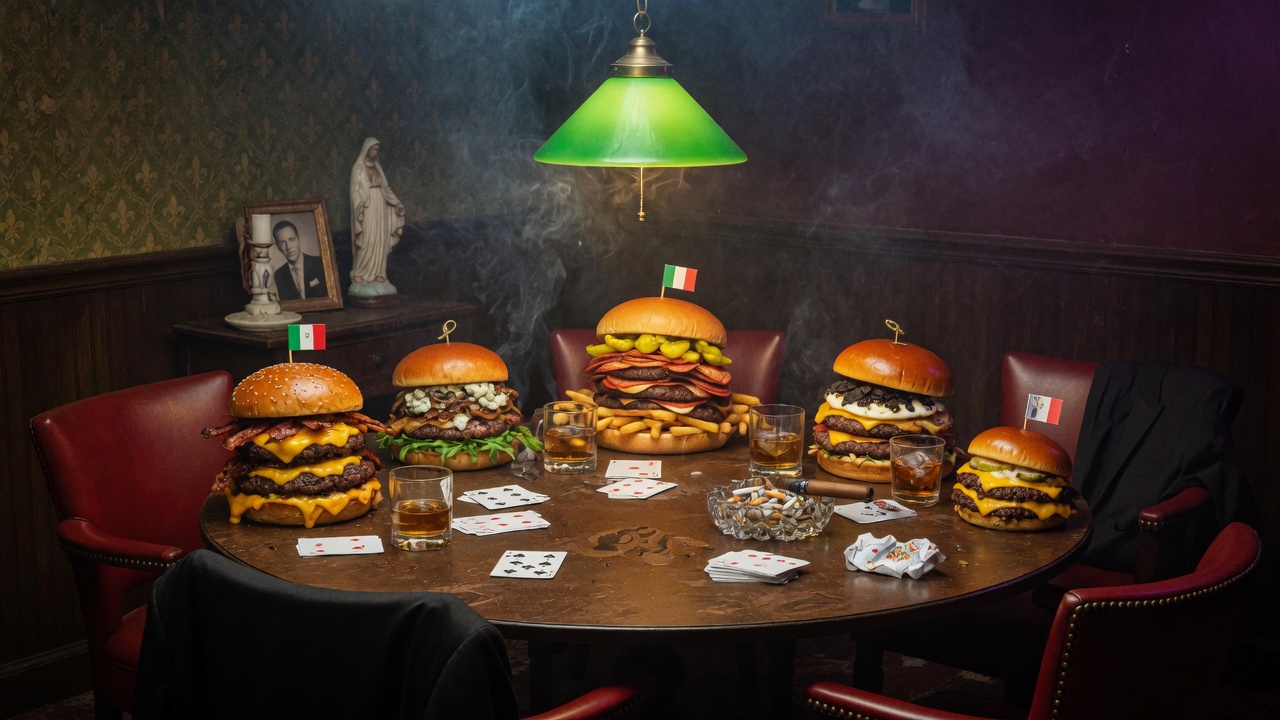 Five gourmet burgers holding a secret meeting around a round table under a green lamp
