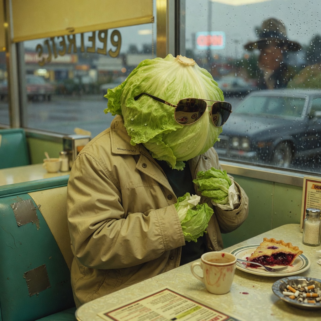 A head of iceberg lettuce in sunglasses and a windbreaker hiding in a diner